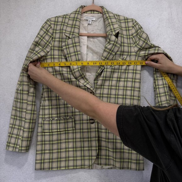 Topshop Blazer Womens US 2 Beige Neon Yellow Plaid Two Button Lined 17B17MULT - Picture 3 of 12